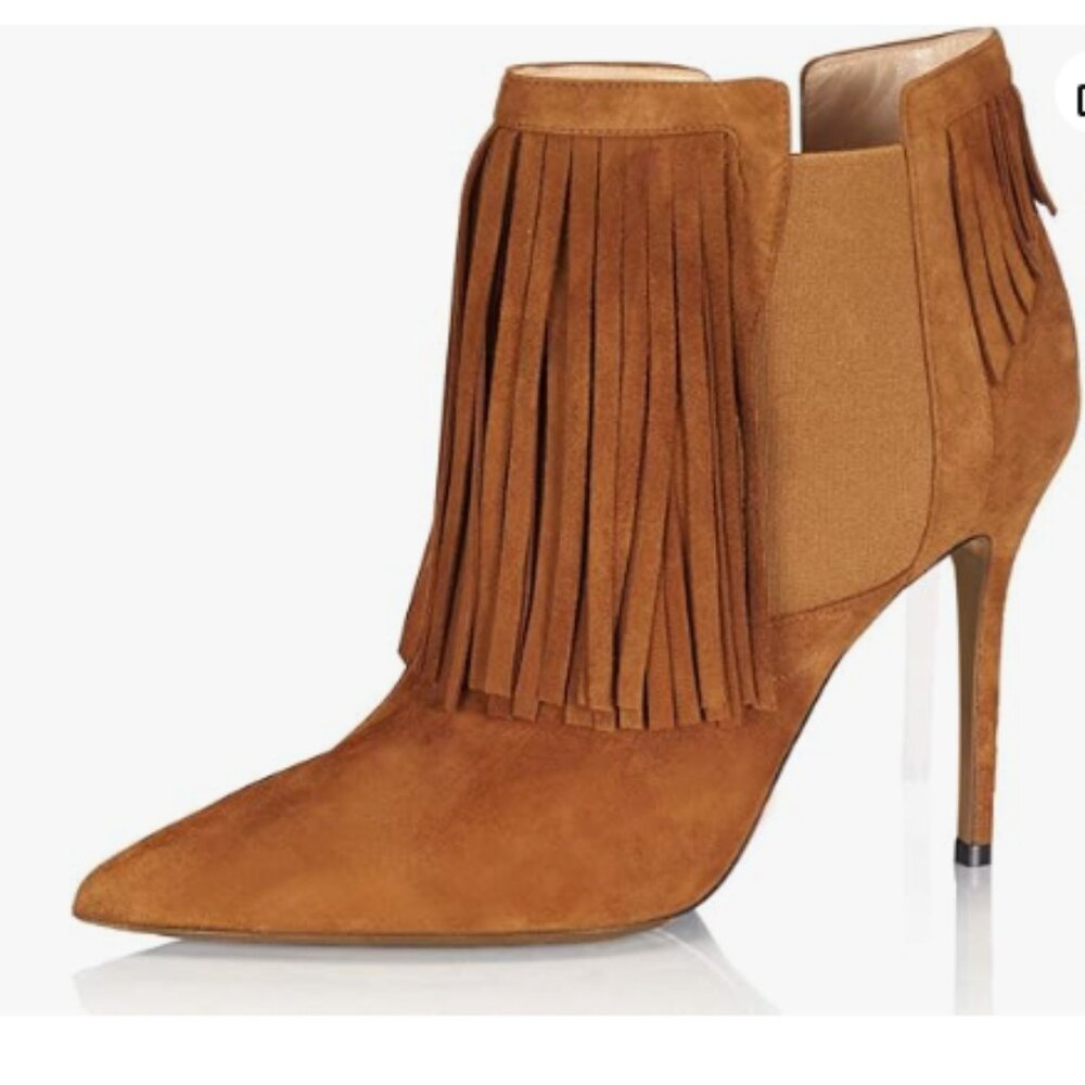 YDN Women Stiletto High Heel Tassels Ankle Boots Pointed Toe Elastic ,Suede Boot - Picture 1 of 8